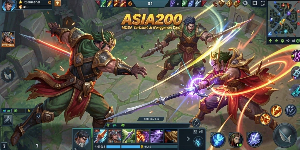 Tangkapan layar utama ASIA200 memperlihatkan aksi pertempuran seru dalam arena MOBA.