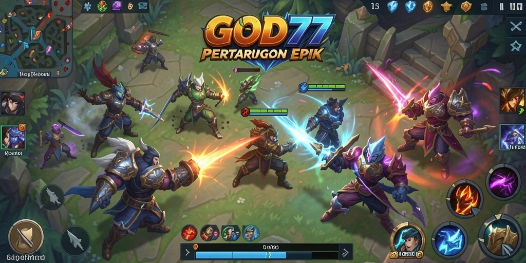 Tampilan gameplay <strong>GOD77</strong> yang dinamis dan menegangkan dalam suasana MOBA.