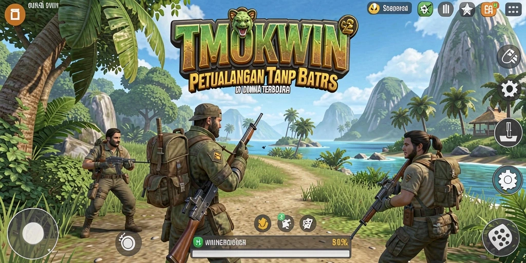 Tangkapan layar utama TMOKWIN menampilkan karakter yang menjelajahi dunia terbuka.