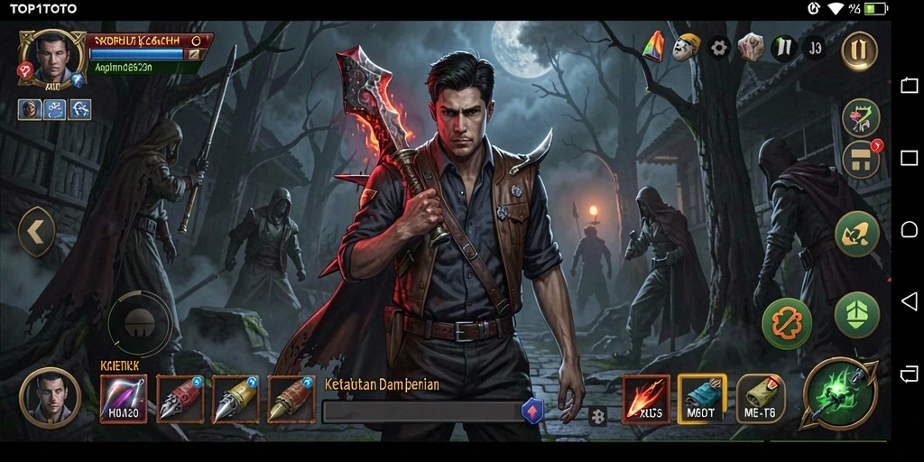 Screenshot gameplay TOP1TOTO menampilkan suasana menyeramkan dan karakter yang menakutkan.